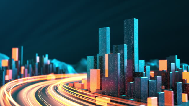 Cityscape With Light Streaks - Urban Skyline, Data Stream, Internet Of Things, Architectural Model, Traffic And Transporation