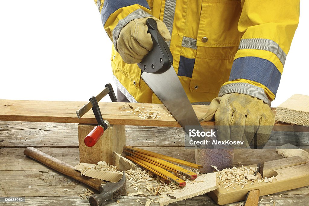carpentry carpenter's hands - working with saw Art And Craft Stock Photo