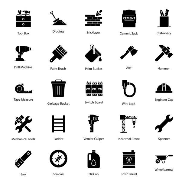 Construction Tools Solid Icons Pack Here we bring an amazing icons set of construction materials. These can be used in engineering, architecture, construction, maintenance services and related industry projects. Download and use instantly. sack barrow stock illustrations