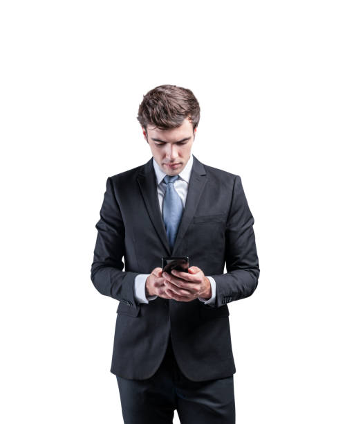 istock Serious businessman looking at phone, isolated 1206887769
