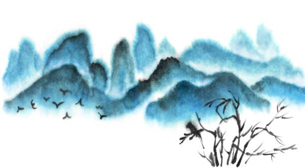 istock Background with mountains. Ink mountain landscape. Mountains in the fog. Trees on the mountain. Ink image. Pine trees. blue 1206889095