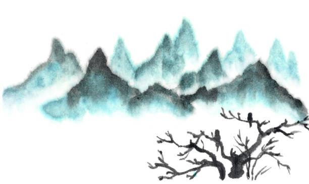 istock Background with mountains. Ink mountain landscape. Mountains in the fog. Trees on the mountain. Ink image. Pine trees. blue 1206889096