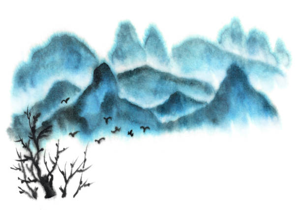 istock Background with mountains. Ink mountain landscape. Mountains in the fog. Trees on the mountain. Ink image. Pine trees. blue 1206889097