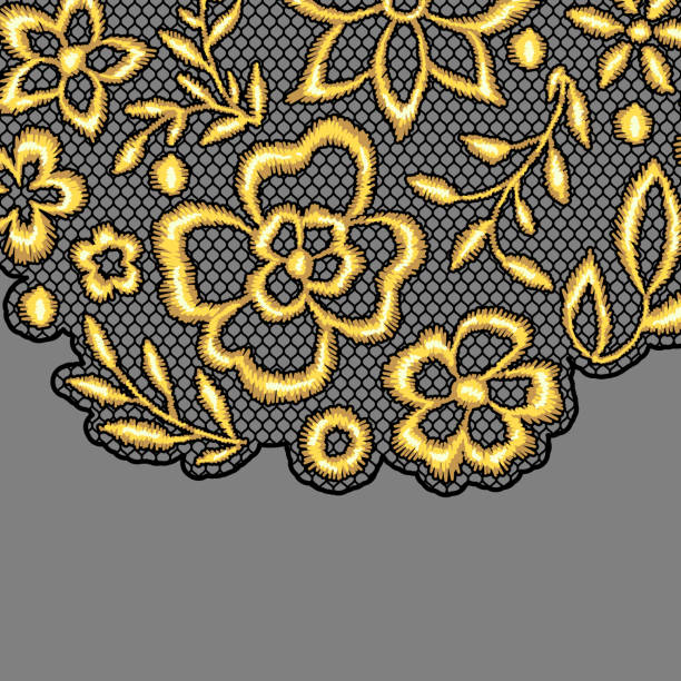 Lace background with gold flowers. Lace background with gold flowers. Vintage golden embroidery on lacy texture grid. lace black lingerie floral pattern stock illustrations