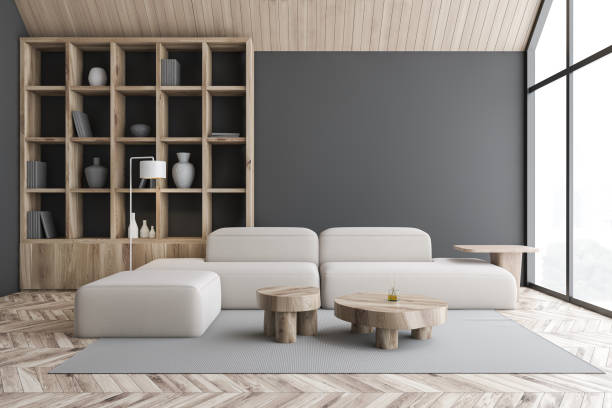 istock Gray attic living room and library 1206889433