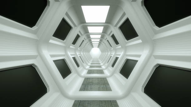 istock 3d render. Futuristic spaceship scifi corridor architecture 1206889436