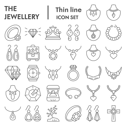 Jewellery thin line icon set, accessories symbols collection, vector sketches, logo illustrations, bijouterie signs linear pictograms package isolated on white background, eps 10