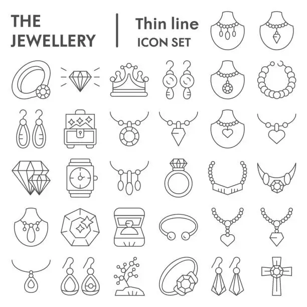 Vector illustration of Jewellery thin line icon set, accessories symbols collection, vector sketches, logo illustrations, bijouterie signs linear pictograms package isolated on white background, eps 10.