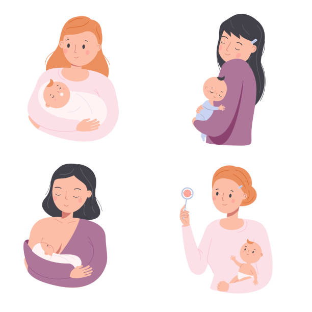 illustrations, cliparts, dessins animés et icônes de mère avec des bébés. infirmière en bas âge. jeunes mamans et petits enfants. personnages parentaux heureux. illustration de concept de maternité - baby mother child sleeping