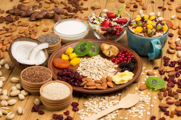 istock Muesli balanced protein breakfast. Fruits, berries seeds, nuts 1206891879