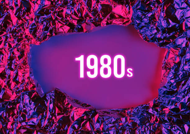 Torn Frame of crumpled foil with text 80s. Copy space. Blue pink neon light