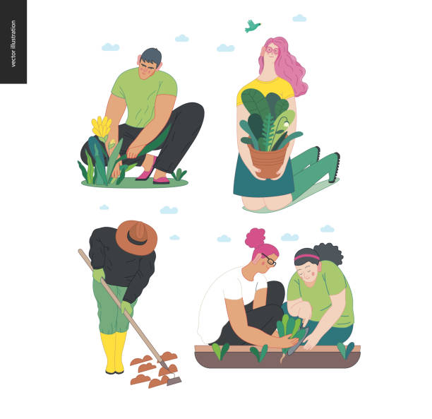 ilustrações de stock, clip art, desenhos animados e ícones de gardening people set, spring - seedbed