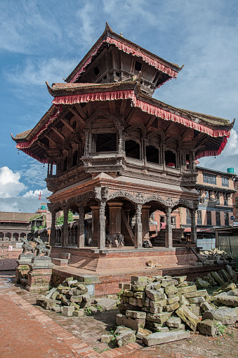 Nepalese newari architecture at Durbar Square of Bhaktapur - Nepal, listed as a World Heritage by UNESCO for its rich culture, temples, wood artwork.