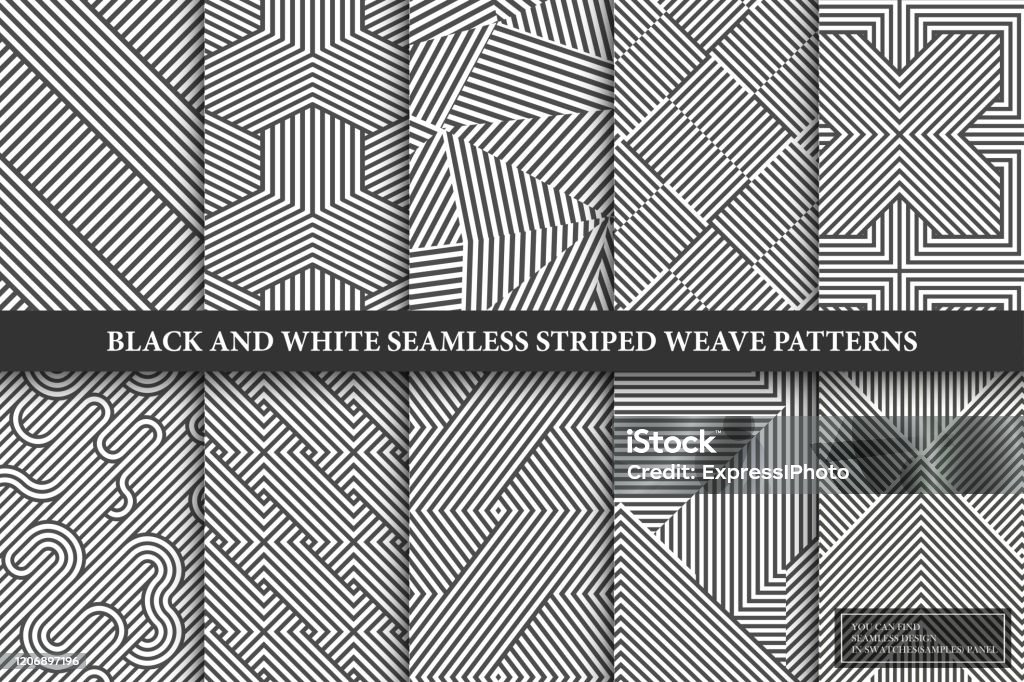 Collection of seamless weave geometric patterns. Black and white endless striped textures - creative monochrome backgrounds. You can find repeatable design in swatches panel - Royalty-free Padrão arte vetorial