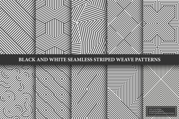 коллекция бесшовных ткать геометрические узоры. черно-белые бесконечные полосатые текстуры - творческие монохромные фоны. вы можете найти  - woven shape ornate abstract stock illustrations