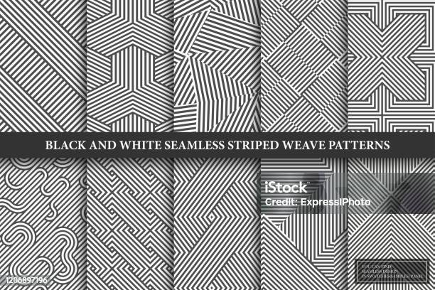 Collection Of Seamless Weave Geometric Patterns Black And White Endless Striped Textures Creative Monochrome Backgrounds You Can Find Repeatable Design In Swatches Panel Stock Illustration - Download Image Now