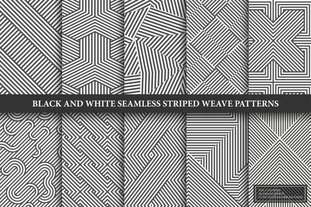 Vector illustration of Collection of seamless weave geometric patterns. Black and white endless striped textures - creative monochrome backgrounds. You can find repeatable design in swatches panel