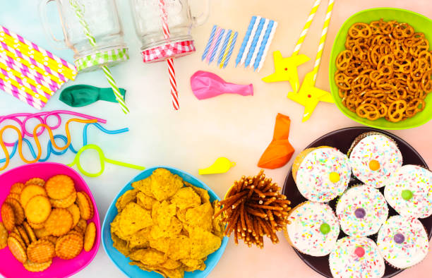 Birthday party decoration and food on the table