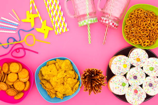 Birthday party decoration and food on the table