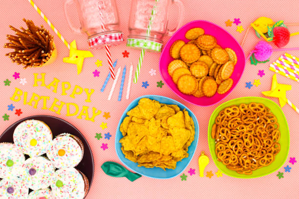 Birthday party decoration and food on the table