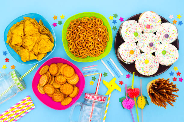 Birthday party decoration and food on the table