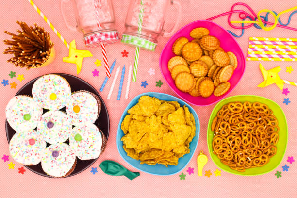 Birthday party decoration and food on the table