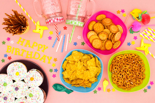 Birthday party decoration and food on the table