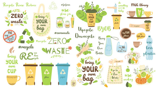 零廢物元素設置回收剪貼畫環保貼紙可重複使用的專案產品收集向量 - 削減 插圖 幅插畫檔、美工圖案、卡通及圖標