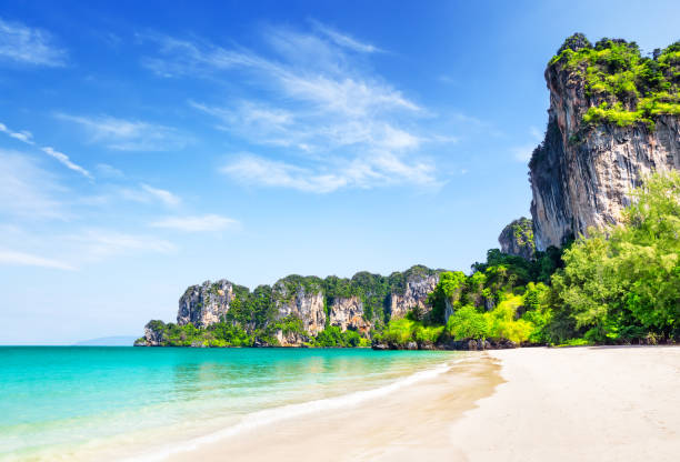 Thai traditional wooden longtail boat and beautiful sand beach. Thai traditional wooden longtail boat and beautiful sand Railay Beach in Krabi province. Ao Nang, Thailand. koh poda stock pictures, royalty-free photos & images