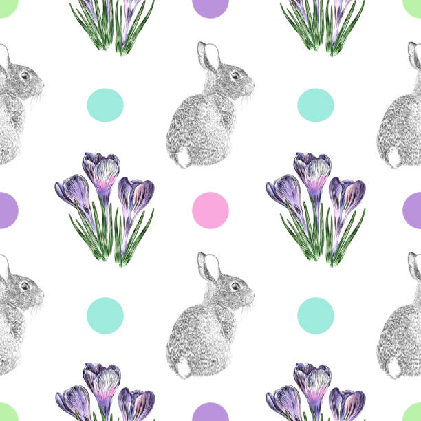 ilustrações de stock, clip art, desenhos animados e ícones de crocus flowers and easter bunny pen and ink vector seamless pattern - single flower flower crocus spring