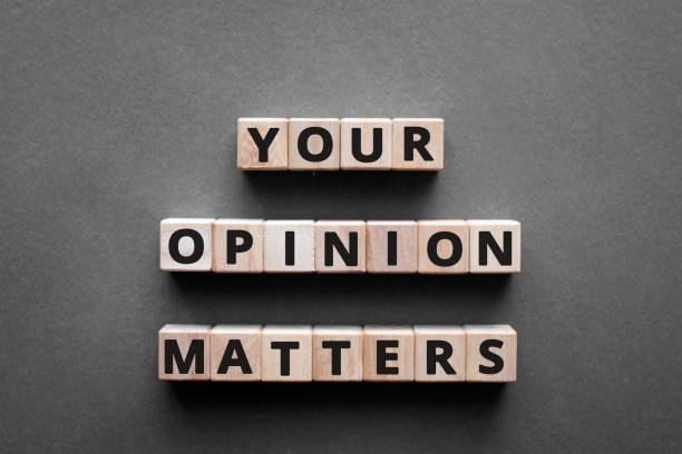 Your opinion matters - words from wooden blocks with letters Your opinion matters - words from wooden blocks with letters, Your feedback is important concept, top view gray background constructive feedback stock pictures, royalty-free photos & images
