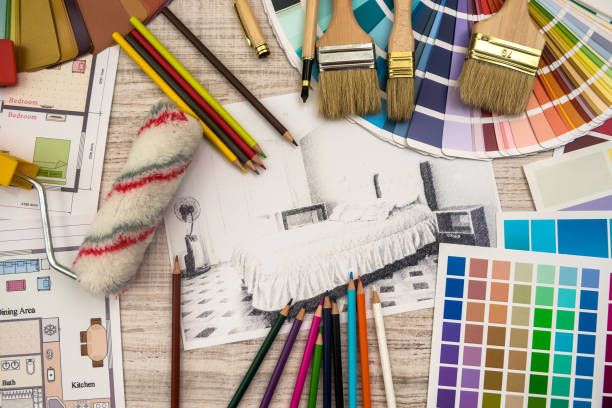 istock Interior design concept - apartment sketch with color palette and tools. 1206901074
