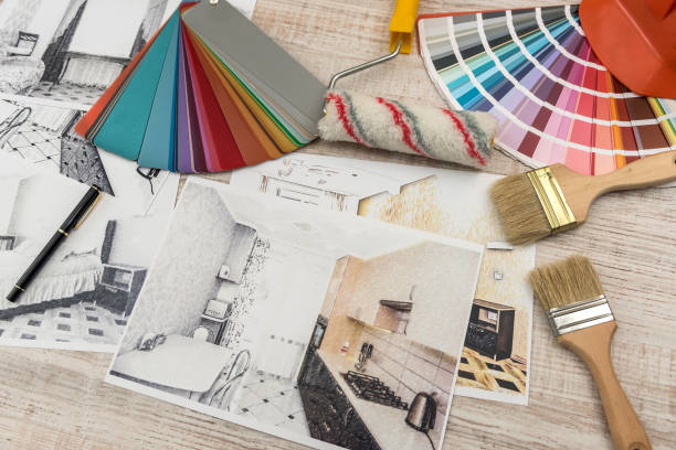 Interior design concept - apartment sketch with color palette and tools. Interior design concept - apartment sketch with color palette and tools artists palette photos stock pictures, royalty-free photos & images