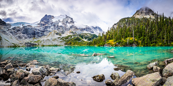 Mountain Panorama with Beautiful Turquoise Glacier Fed lake. Joffre Lakes Provincial Park, British Columbia, Canada