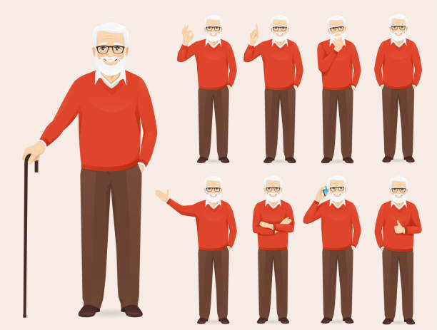 Handsome senior man in casual outfit set Handsome senior man in casual outfit set with different gestures isolated vector illustration cartoon of the old man showing thumbs up stock illustrations