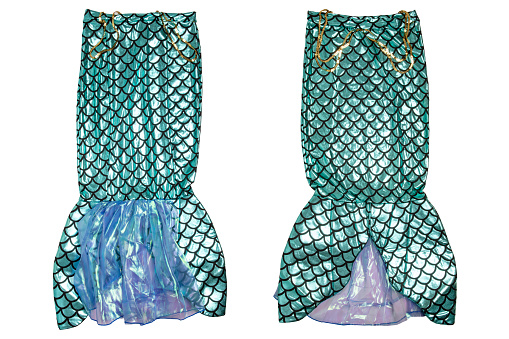 Carnival clothes isolated. Close-up of a green mermaid costume with golden shiny sequins dress carrier. Outfit for carnival. Front and back view.