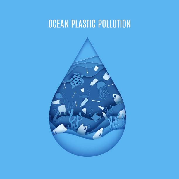 illustrazioni stock, clip art, cartoni animati e icone di tendenza di poster sull'inquinamento da plastica oceanica. la goccia di carta forma profondità sotto grotta di mare d'acqua con pesci, barriera corallina, fondali nelle alghe, onde spazzatura di stoviglie usa e getta. vector concept giornata mondiale degli oceani 8 g - seaweed sea pattern green