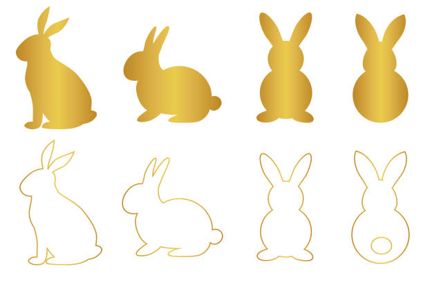 Golden silhouette and line art of rabbits for Easter design. Isolated vectors Golden silhouette and line art of rabbits for Easter design. Isolated vectors easter silhouettes stock illustrations