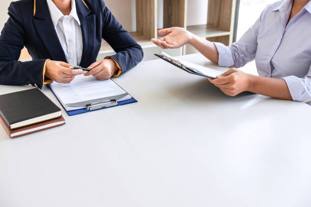 istock Business interview consider and asking candidate questions a resume conversation during about profile of candidate, conducting a job interview listen to answers to thought 1206904228