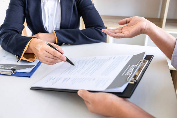 istock Business interview consider and asking candidate questions a resume conversation during about profile of candidate, conducting a job interview listen to answers to thought 1206904230
