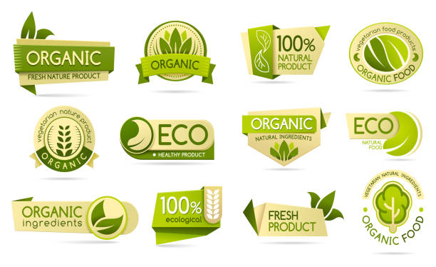 illustrazioni stock, clip art, cartoni animati e icone di tendenza di etichette alimentari biologiche, prodotti eco e bio naturali - vegan food food vegetable vegetarian food