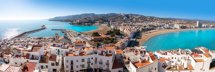 Peniscola Peñiscola Lighthouse beach and village panoramic in Castellon of Spain