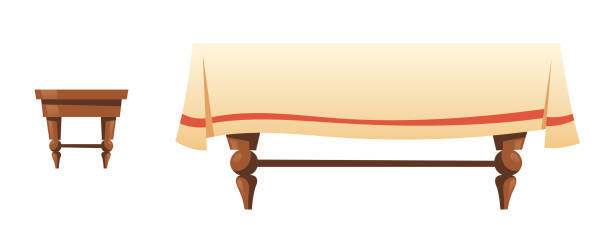 Wooden stool and table with linen cloth Wooden stool and table with linen cloth isolated on white background. Vector cartoon household furniture for kitchen, dining desk with tablecloth and small chair isolated on white background banquet chairs stock illustrations