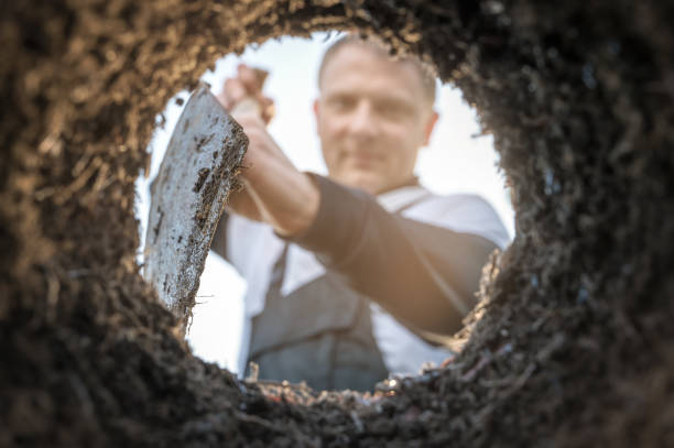 istock Gardener digs a hole with a spade for planting plants 1206908148