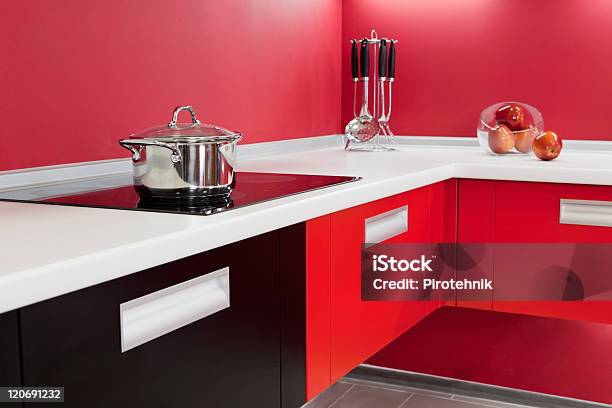 Modern Kitchen With Red Decoration Stock Photo - Download Image Now - Beauty, Color Image, Comfortable