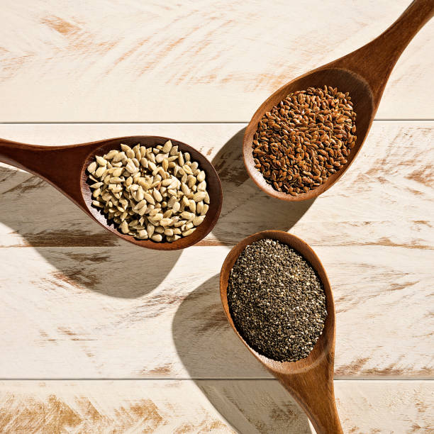 istock Three wooden spoon with sunflower seed, flax seed and chia. 1206912459