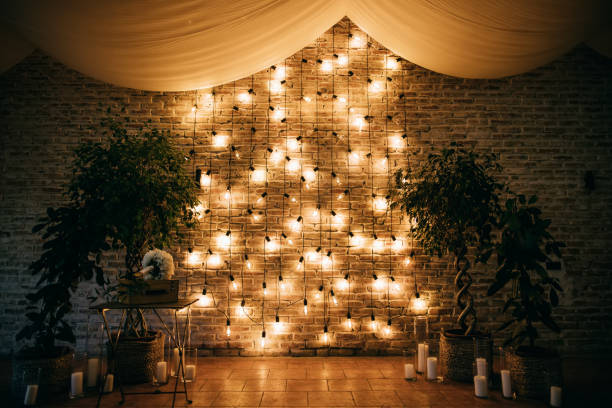 istock Wedding arch decoration with lights, wedding reception 1206915127