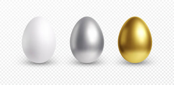 istock Set of different 3D realistic, shiny, golden, holographic Easter eggs isolated on white background. Vector illustration 1206915378