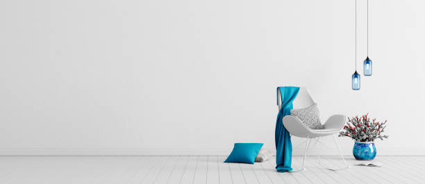 White concrete wall with white modern furniture, minimal interior design, 3d render, 3d illustration