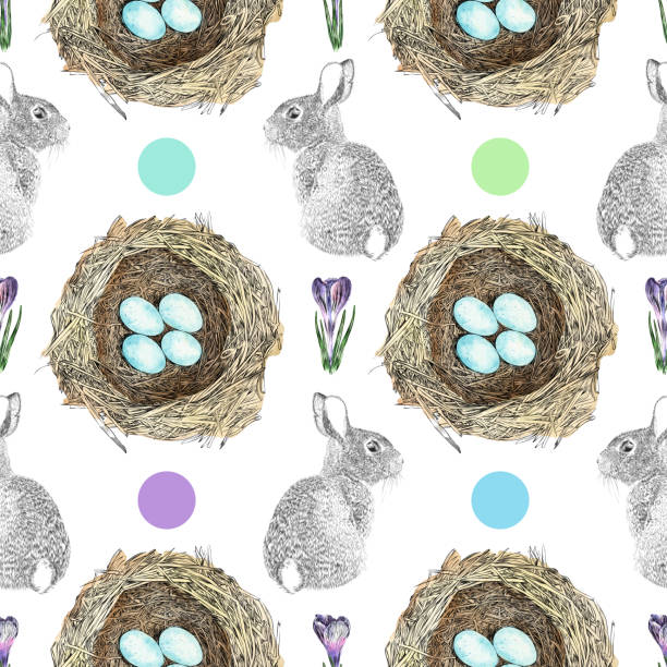 весна или пасха акварель и чернила вектор бесшовные шаблон - crocus easter spring flower stock illustrations